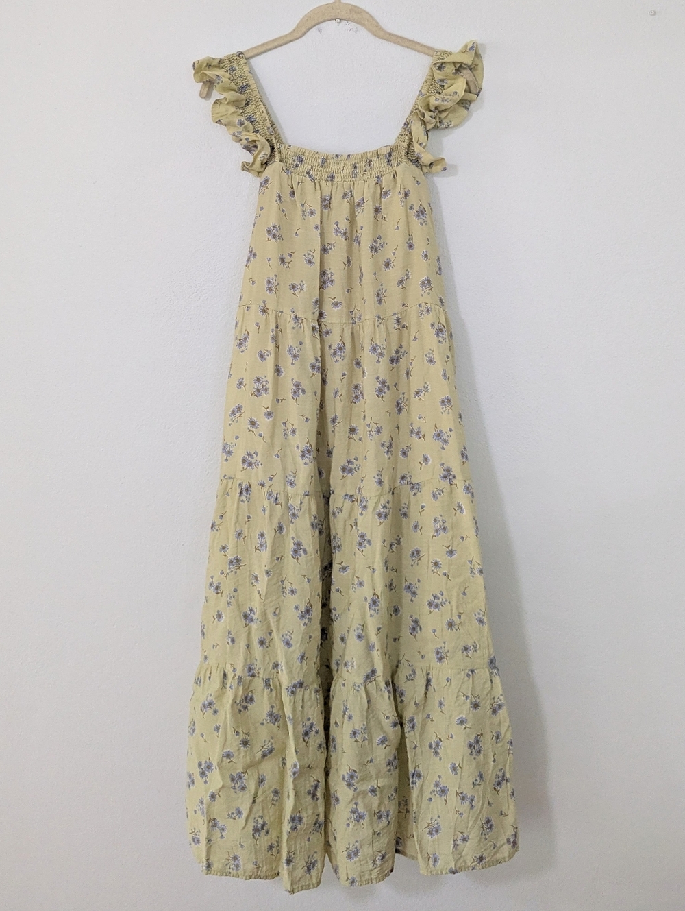 Moon River Pale Yellow Floral Ruffle-Shoulder Maxi Dress